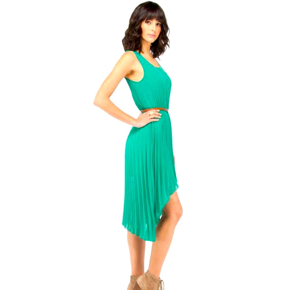 Bebe XS Teal-Green Tank Dress with Pleated High Low Skirt